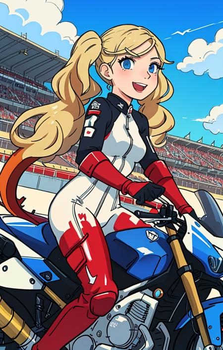 50661-4107405217-sketch, traditional media, outdoors, race track, giant television screens, riding a motorcycle, racesuit, red cat tail, ann taka.png